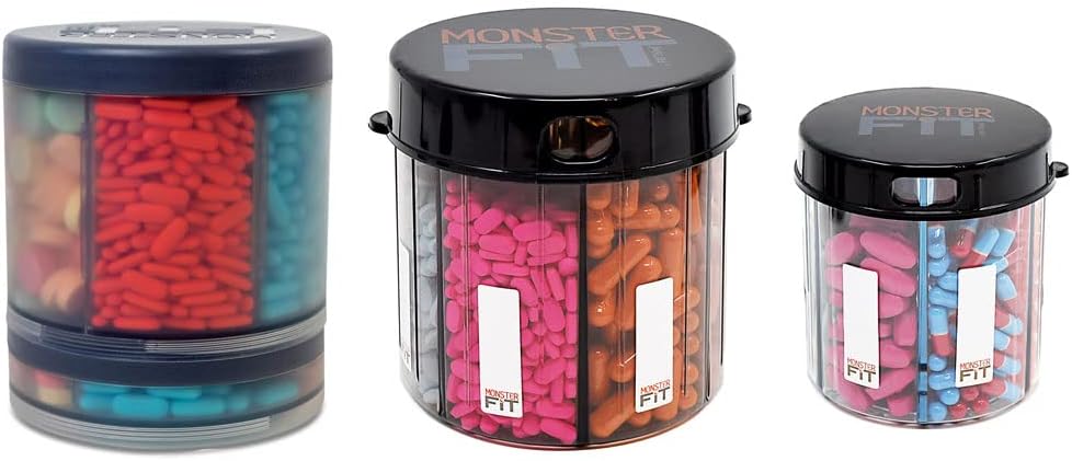 Monster Supplement Medication Pill Dispenser med Compartment Labels - Extra Large Pill Container Bottle Handles Nästan alla tillägg - Lätt att Dispensera (3 Pack - Monster, Monster Jr & Monster Ten)
