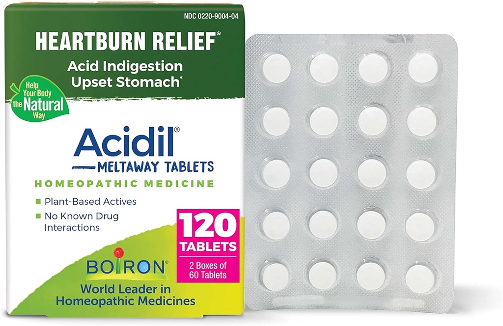 Boiron Acidil Tablets for Relief of Acid Reflux, Heartburn, Indigestion, and Upset Stomach - 120 Count (2 Pack of 60)