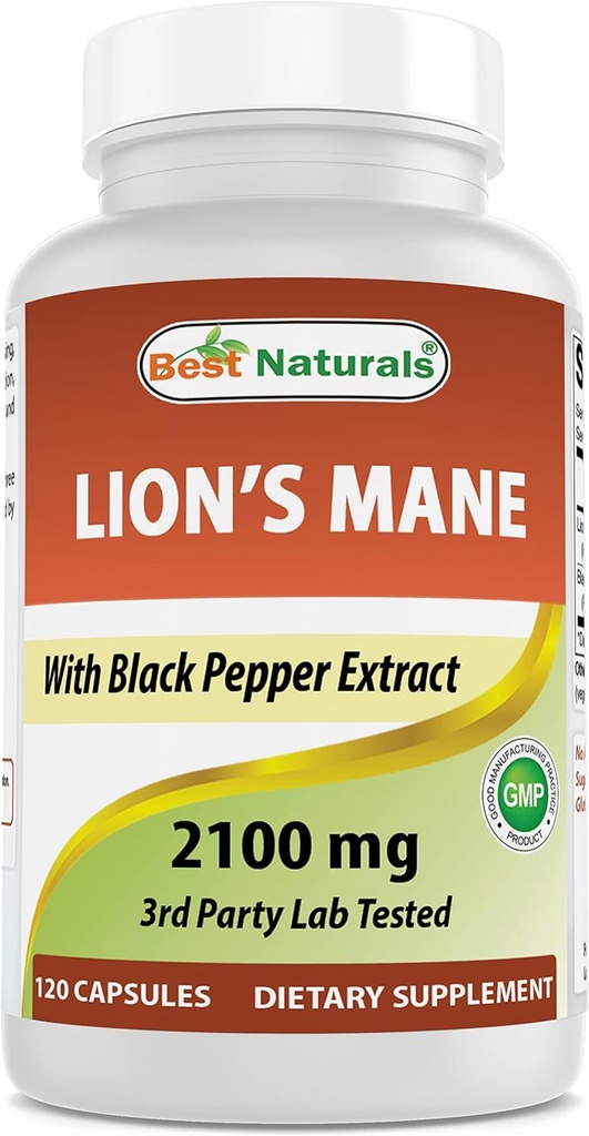 Bästa Naturals Lions Mane Mushroom Supplement 2100mg - 120 kapslar - Stöder Mental Clarity, Focus & Immune Health - Tillsatt svartpeppar för maximal absorption