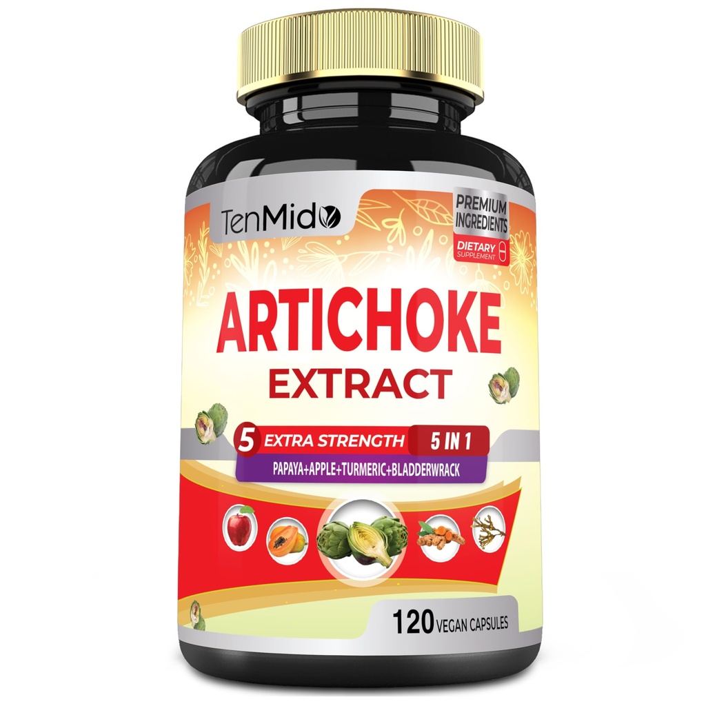 Artichoke Supplement Extract Capsules, 4 månader Supply med Papaya, Apple Pectin, Turmeric Curcumin, Bladderwrack - Stöder Digestion Funktion - 120 Vegan kapslar