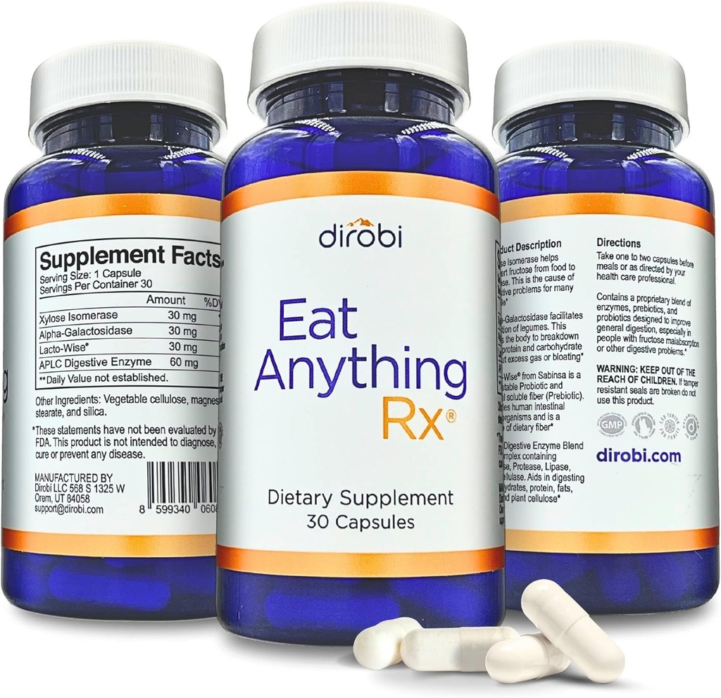 Dirobi Eat Anything Xylose Isomerase Fructose Malabsorption Enzymes, FODMAP Supplement, Digestive Enzymes for Better Lactose, Fat, Protein & Carbohydrate Digestion Gas & Bloating Relief 30 Capsules