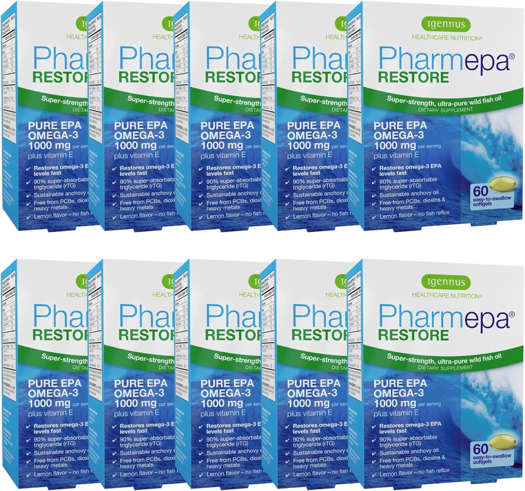 Igennus Pharmepa Restore, Pure EPA 1000mg, Omega 3 rTG Fish Oil, IFOS Certified, High Absorption, 90% Concentration Triple Strength, Wild & Sustainable, Lemon Flavor, 10-månaders Supply, Pack med 10