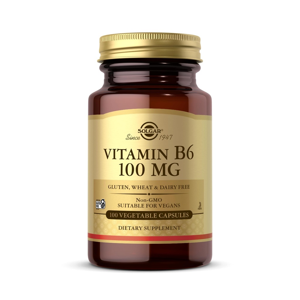 Solgar Vitamin B6 100 mg - 100 vegetabiliska kapslar - Icke-GMO, Vegan, Gluten Free, Dairy Free, Kosher, Halal - 100 portioner