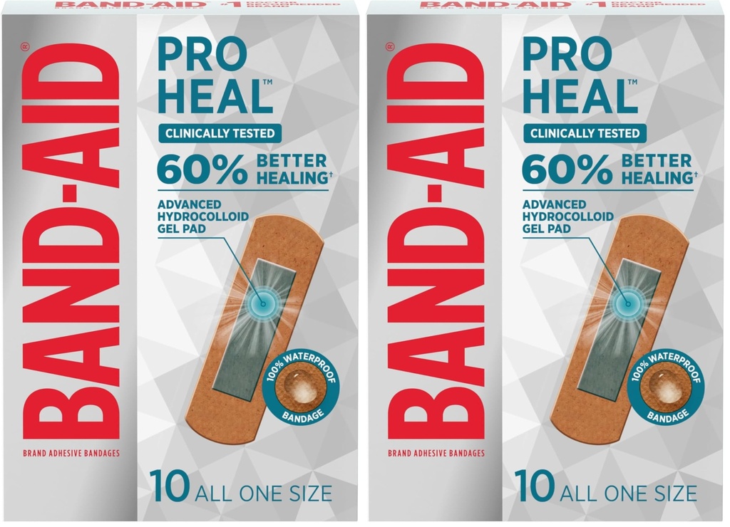 BAND-AID Brand Pro Heal Adhesive Waterproof Bandages, Hydrocolloid Gel Patch for First Aid, Clinically Tested for Better Healing of Minor Blisters and Wounds, One Size, 10 Count (Pack of 2)
