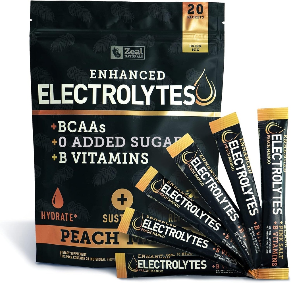 Förbättrad elektrolytpulver (Peach Mango 20pk.) w 0 Sugar +BCAAs +B-Vitamins Electrolyte Supplement w Potassium Zinc & Magnesium för Hydration - Keto Electrolytes