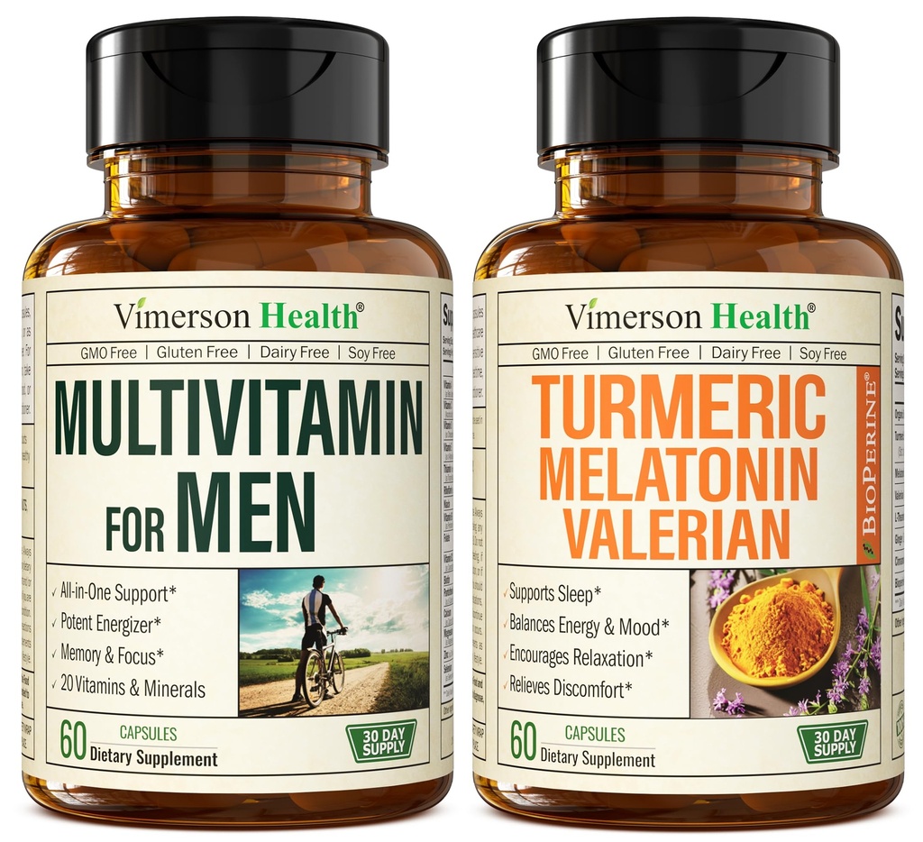 Mens Multivitaminer + gurkmeja Melatonin Valerian Bundle för gemensamt stöd och obehag lättnad, immun hälsa och inflammatoriskt svar