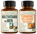 Mens Multivitaminer + gurkmeja Melatonin Valerian Bundle för gemensamt stöd och obehag lättnad, immun hälsa och inflammatoriskt svar