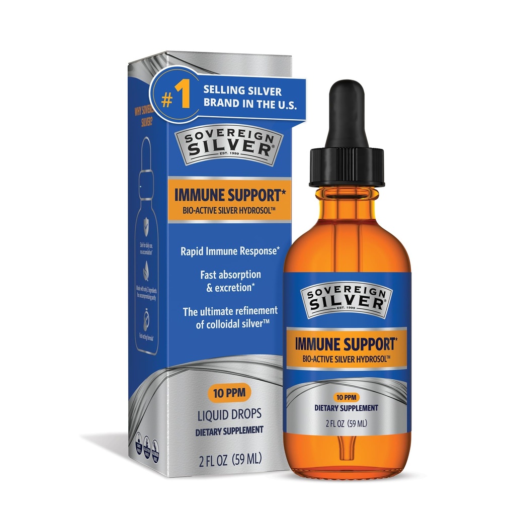 Sovereign Silver Immune Support - Colloidal Silver, Bio-Active Silver Hydrosol, 10 ppm, Liquid Dropper, 2 Fl Oz, (59 ml)