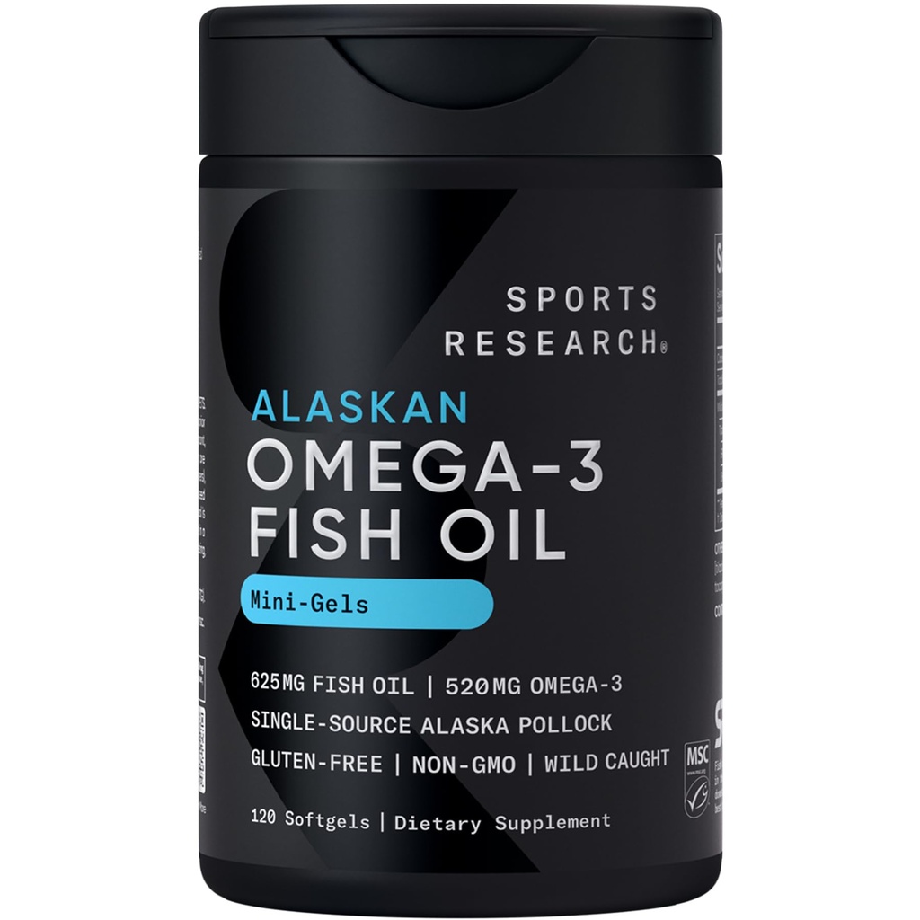 Sports Research Fish Oil Mini-Softgels - Lätt att svälja Omega-3 fettsyror från vilda fångade Alaska Pollock - 625mg, 120 Softgels