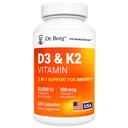 Dr Berg Maximum Styrka 2-i-1 Vitamin D3 K2 10 000 IE | Naturligt härledd D3 | 4X Lab-Tested & Verified | Hög Absorption Formel | K2 D3 Vitamin Supplement - 120 kapslar