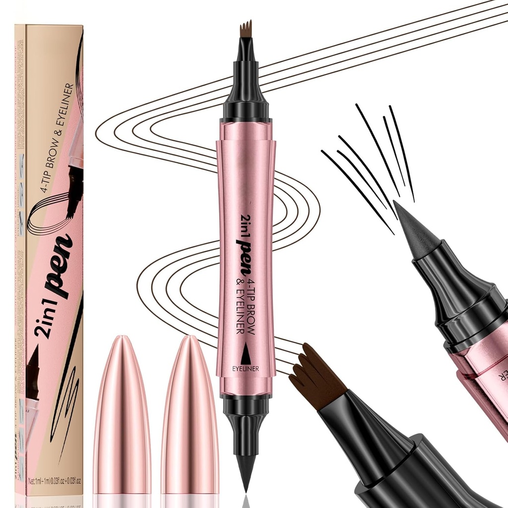 Q710 2in1pen,4-Tip Brow pen & Eyeliner,Dcuble-ended design,wild eyebrow makeup,microblading eyebrow penna,waterproof,Soft nib,With one smooth stroke(2#Dark Brown)