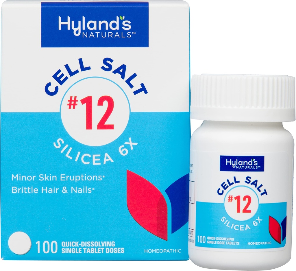 Hylands nr 12 Cell Salt Silicea 6X tabletter, Acne och Blackhead Behandling, hår och nageltillväxt tillägg och stärkare, hudirritationer, snabbupplösning tabletter, 100 greve