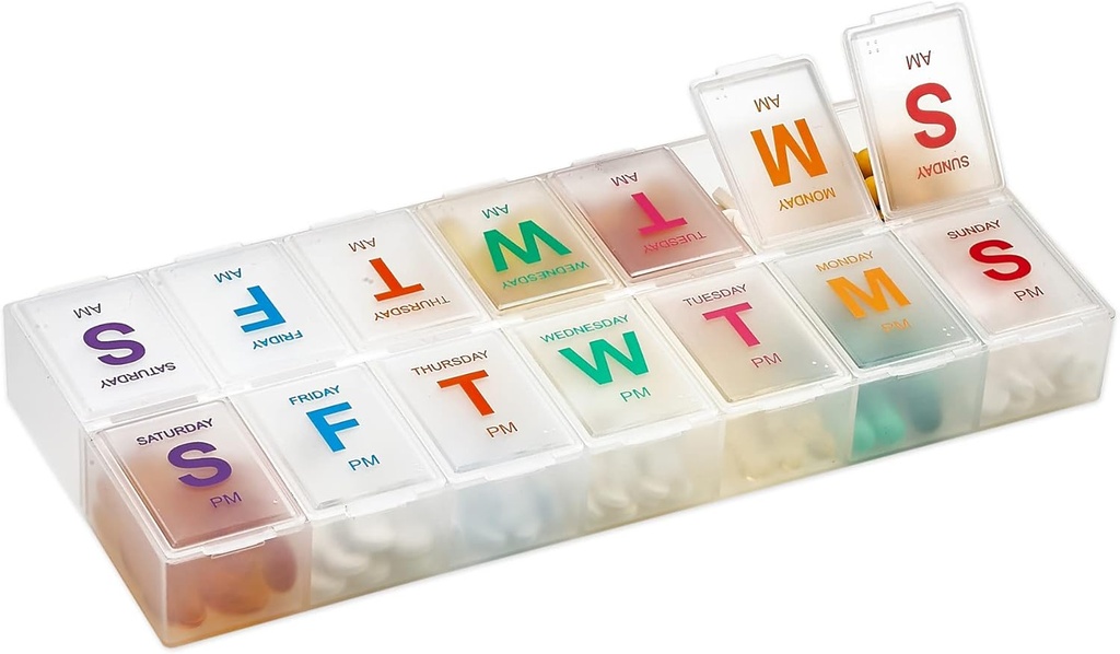 Extra Large Pill Organizer - Pill Box 7 Day Weekly Pill Organizer 2 gånger om dagen och AM PM Daily Pill Organizer Case för medicineringspiller och tillägg med Braille och Bright XL Lätt att läsa färger