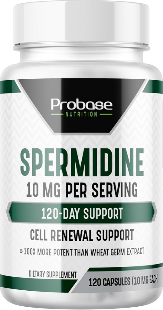 Probase Nutrition Spermidine (10mg av 99% Spermidine 3HCL - Tredjepartstestade) 120 kapslar - 100x mer potent än Wheat Germ Extract, Telomere Health och Aging 120-Day Supply - Så effektivt som NMN