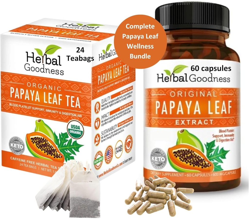 Papaya Leaf Extract Capsule och Papaya Leaf Tea Bundle - helt stöd Immune Health och Digestive Wellness