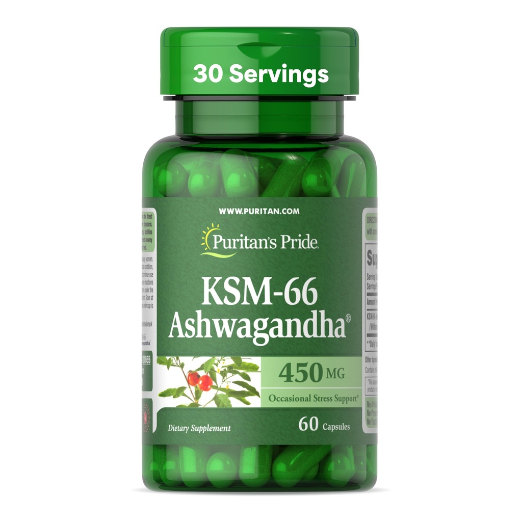 Puritans Pride KSM-66 Ashwagandha® 450mg, högkoncentrerad kosttillskott för stressavlastning, humörhöjning och minnesstöd, 1 månadstillförsel, 60 kapslar