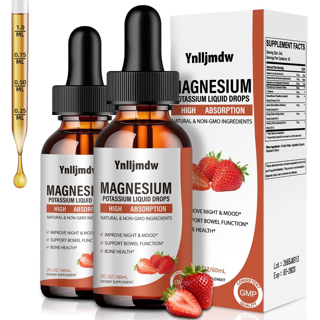 Magnesium Glycinate Liquid Drops,1000 mg Liquid Magnesium Supplement med Bromelain, Vitamin B6 C D, High Absorption Magnesium Komplex för natt, Muscle & Energy Support, 2 Fl Oz (Pack of 2)
