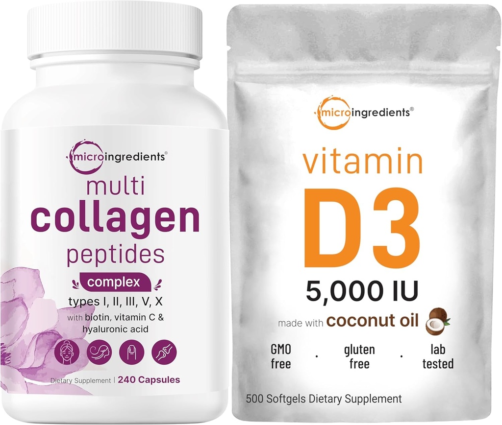 Micro Ingredients Multi Collagen Pills & Vitamin D3 5,000 IE Bundle Pack | Grass-Fed Collagen Peptides | Vitamin D som Cholecalciferol