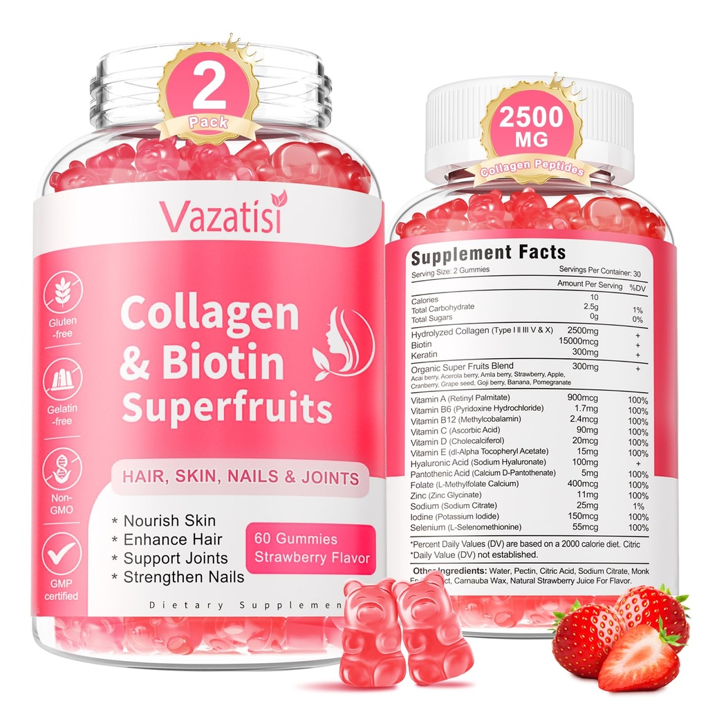 2 Pack Sugar Free Collagen Gummies för kvinnor Män, Multi Collagen Peptides Gummies Typ I II III V X med Biotin Vitamin A B C D E för Hair Skin Nails, Strawberry Flavor, 120 Count