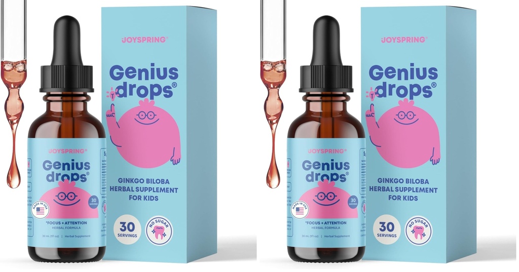 JoySpring Genius Drops for Kids | Clinically Proven Focus Supplement | Liquid Herbal Focus Supplement with Ginkgo Biloba for Kids (1 fl oz) 30 Servings (Pack of 2)