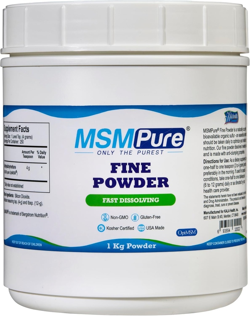 KALA HEALTH MSMPure Fast Dissolving Fine MSM Powder Crystals - USA-Made MSM för Joint Health, Skin Appearance och Hair & Nail Support - 2,2 lb, Organic Sulfur
