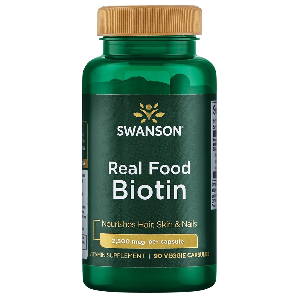 Swanson Real Food Biotin Vitamin B-7 Hair Skin Nail Metabolism Hälsa från Organic Hummingbird Tree Extract Vegan Gluten-Free Non-GMO B7 5000 mcg 90 Veggie Capsules (Caps)