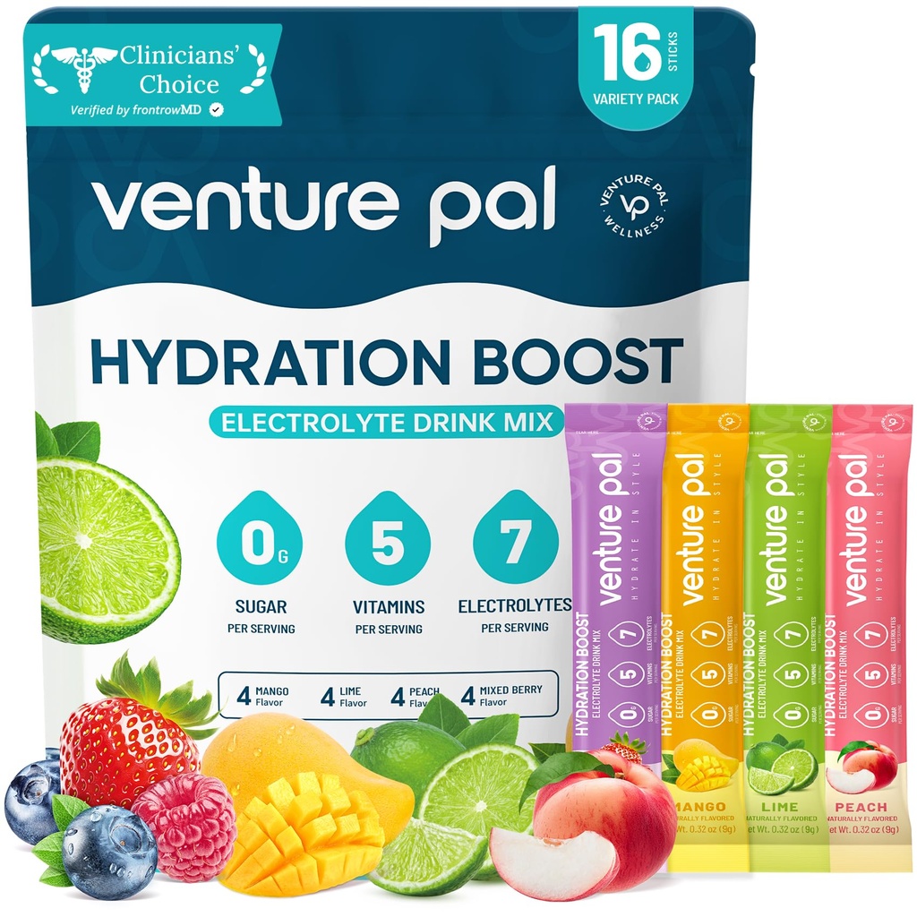 Venture Pal Sugar Free Electrolyte Powder Packets - Liquid Daily IV Hydration Packets | Electrolytes Drink Mix med 5 Vitaminer & 7 Electrolytes | Keto Friendly | Non-GMO | Certified Vegan | 16 Sticks