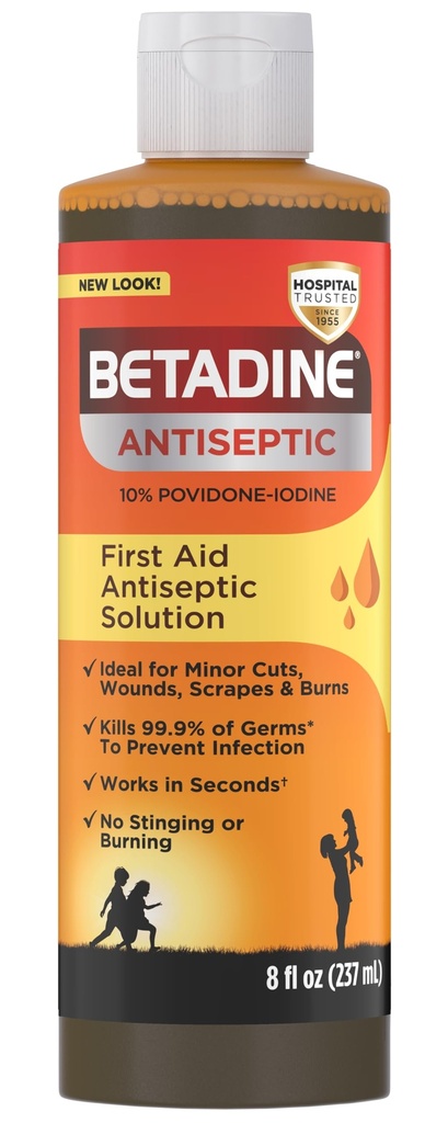 Betadine Antiseptic First Aid Solution, Povidone-iodin 10%, Infection Protection, Dödar Germs I Mindre Skärningar Och Brännor, Inget Sting Löfte, Inget Alkohol eller Väteperoxid, 8 FL OZ