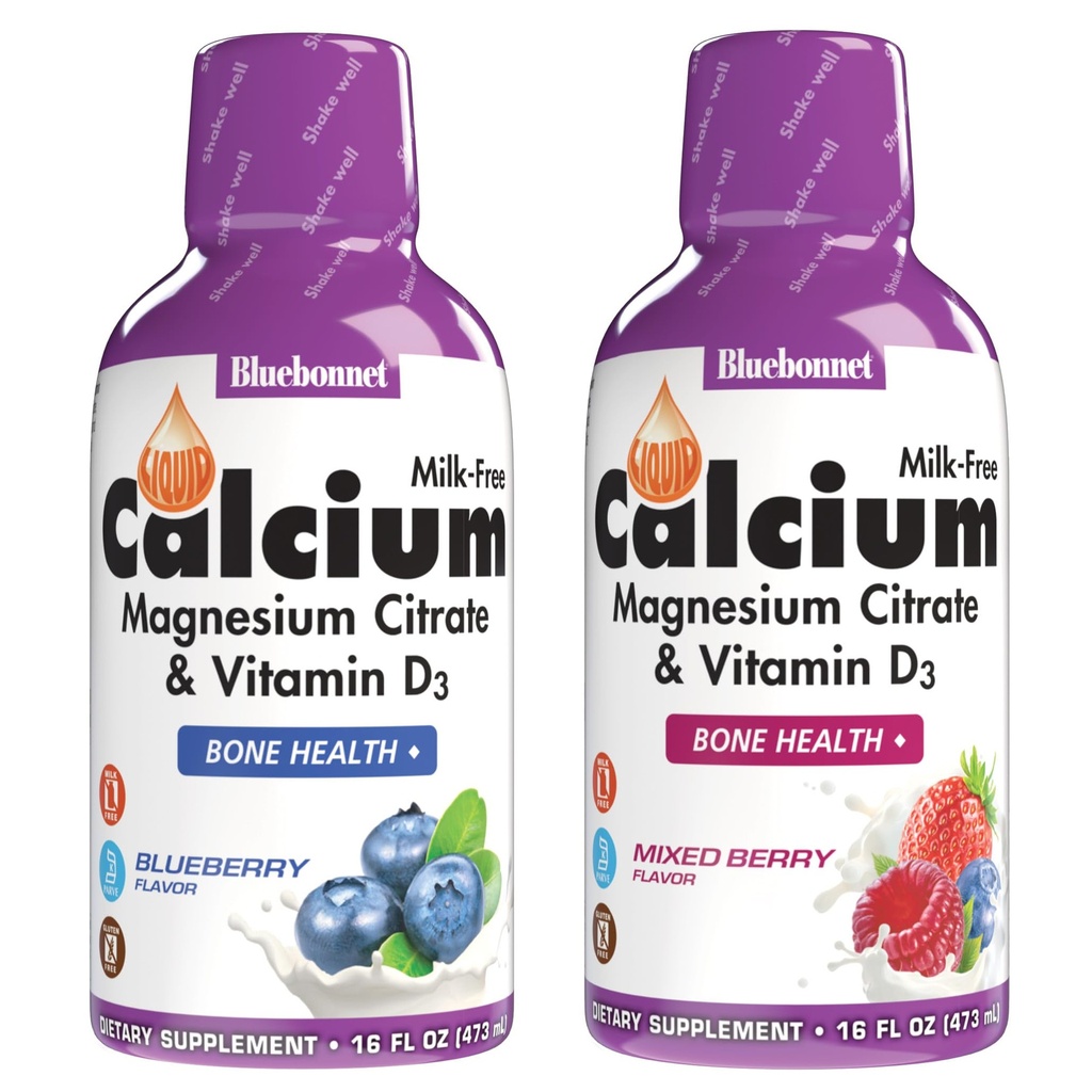 BlueBonnet Nutrition Liquid Calcium Citrate Magnesium Citrate, Vitamin D3, Bone Health, Gluten Free, Soy Free, Milk Free, Kosher, Blueberry och Mixed Berry Combo