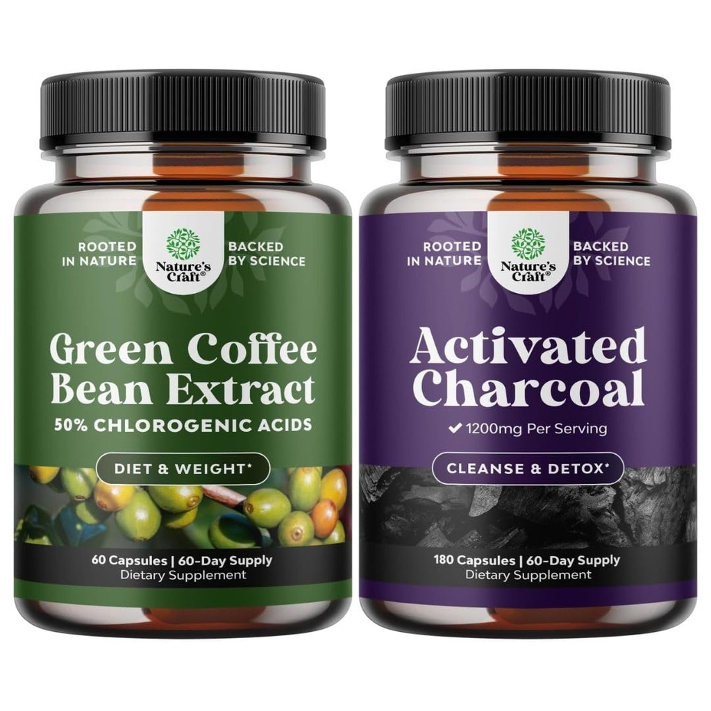 Bundle of Pure Green Coffee Bean Extract för Antioxidant Heart Health Mental Focus och Size Reduction and Cleanse and Detox Activated Charcoal Capsules for Bloating Relief and Body Detox Cleanse