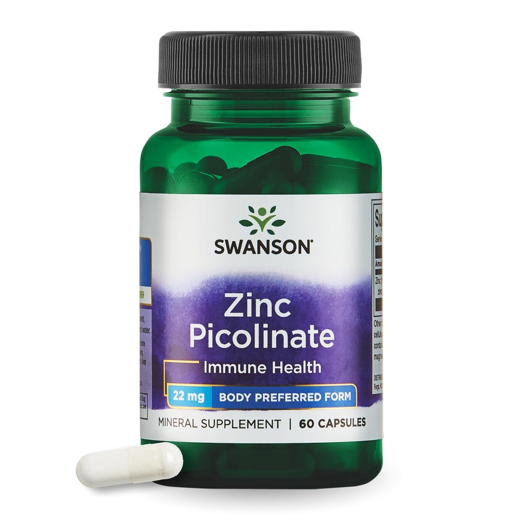 Swanson Zinc Picolinate - Mineral Supplement Promoting Prostate Health, Vision Health och Immune Support - Body Preferred Form of Chelated Zinc - (60 kapslar, 22mg vardera)