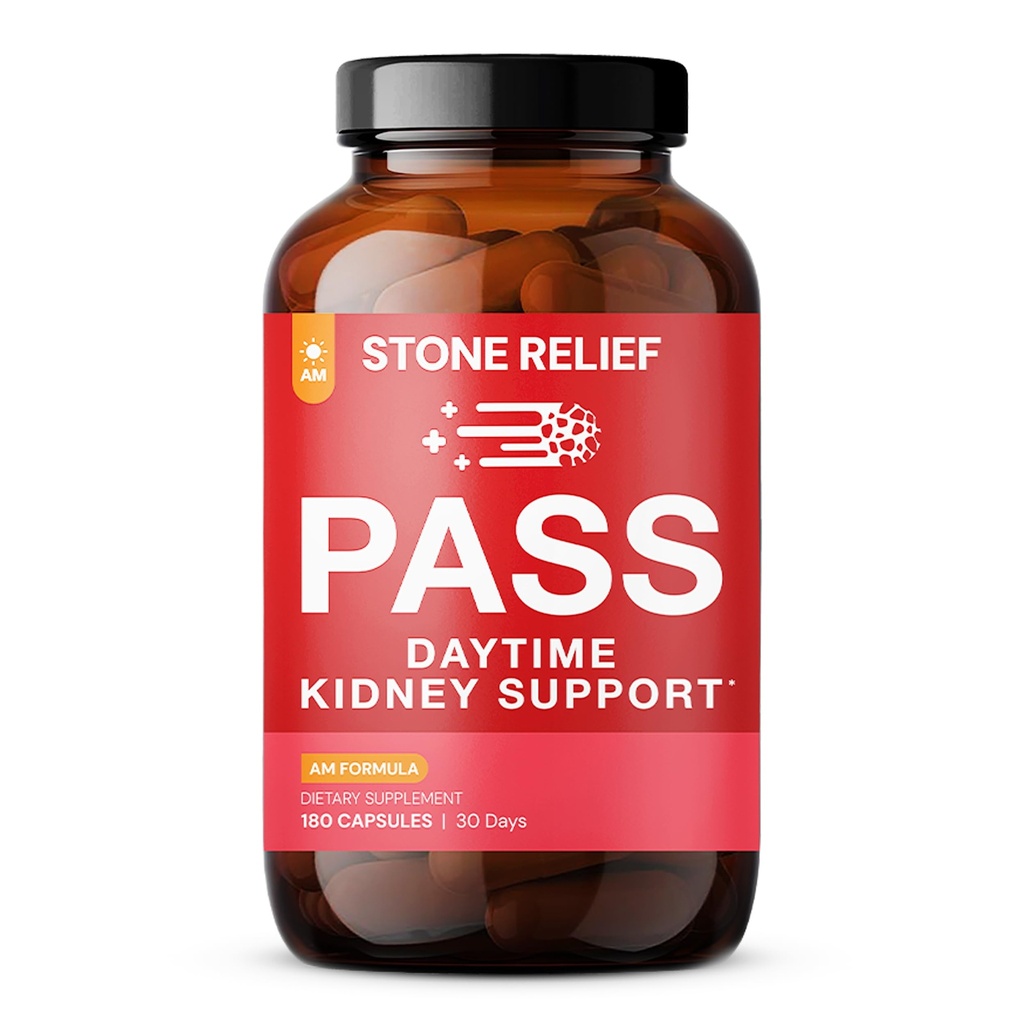 STONE RELIEF Pass AM - Daytime Herbal Kidney Support för lättnad, komfort och ökat flöde (180 kapslar + Stone Catcher + Tryckt guidebok)