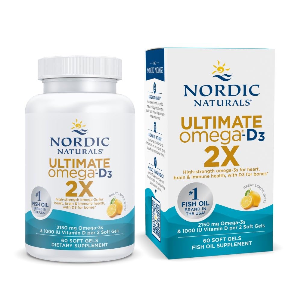Nordic Naturals Ultimate Omega 2X med vitamin D3, Lemon Flavor - 60 Soft Gels - 2150 mg Omega-3 + 1000 IE D3 - EPA & DHA - Brain, Heart & Immune Health - 30 portioner