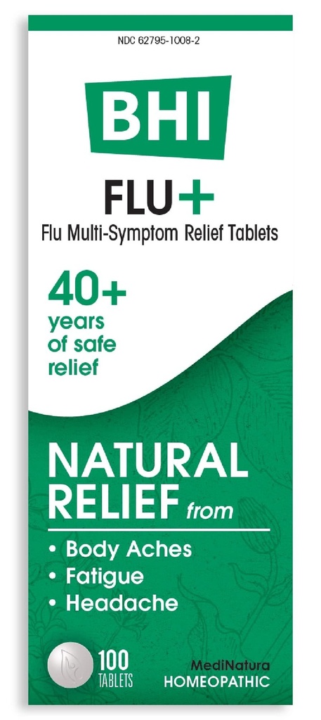 BHI Flu + Cold Multi-Symptom Relief Natural Safe Non-Drowsy Remedy 11 Målade homeopatiska aktiva ingredienser för kroppsvärk, trötthet, chills & huvudvärk - 100 tabletter