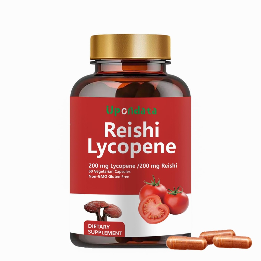 Lycopene Capsules, Natural Lycopene 200mg med Organic Reishi Mushroom 200mg Supplement för Prostate Health och Immune Support - Gluten-Free, Non-GMO, 60 Capsules (1 Pack)