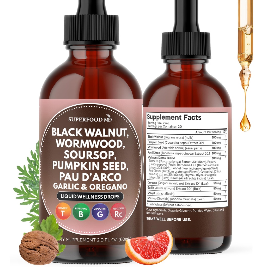 Wormwood Black Walnut Cleanse for Humans Drops Liquid Soursop Garlic Pumpkin Seed PAU D'Arco Oil of Oregano Turmeric Berberine Neem Extract Hull Bark Tincture - 2 oz