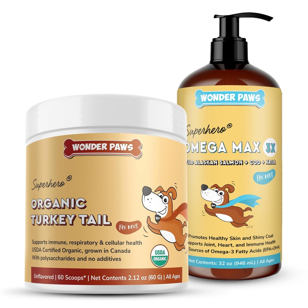 Organic Turkey Tail Powder Plus Omega Max Fish Oil - for Dog’s Cellular and Immune Health, Skin and Joint Care – Turkey Tail 60 Scoops - Omega Max 16 Ounces