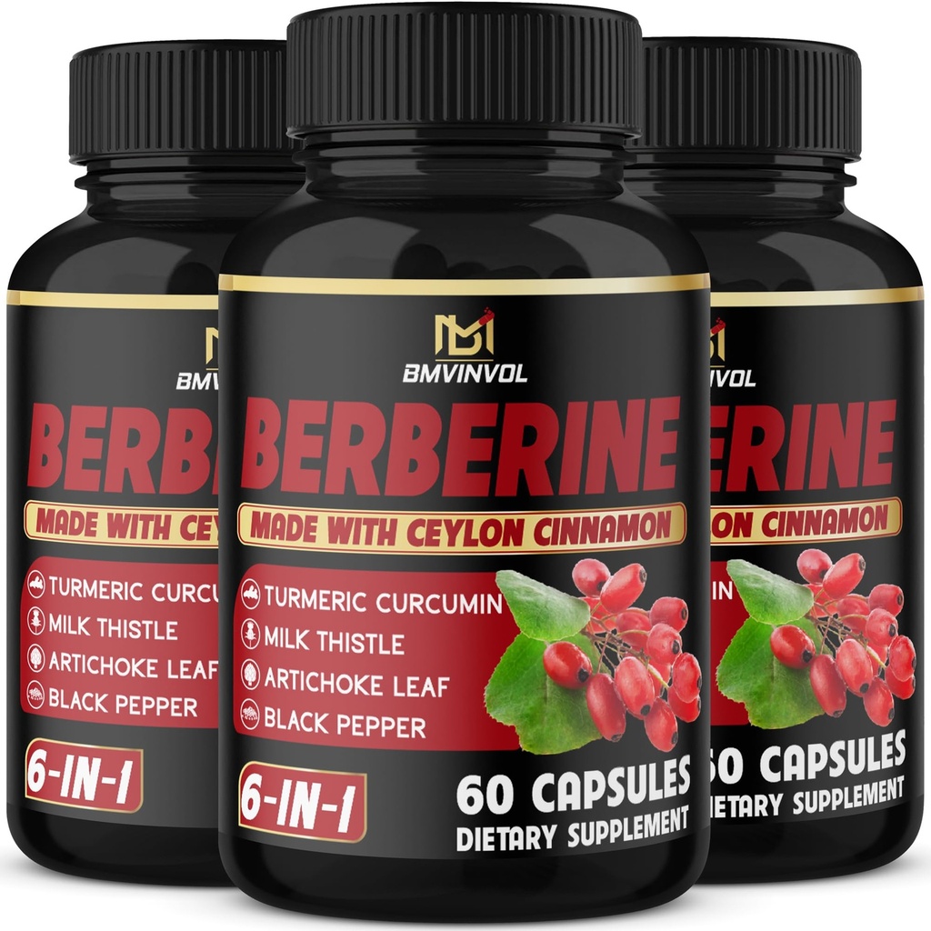 (3 Packs) Berberine Supplement Plus Ceylon Cinnamon, Milk Thistle, Turmeric, Artichoke Leaf, Black Peppe - 6 månaders leverans - 180 kapslar Totalt