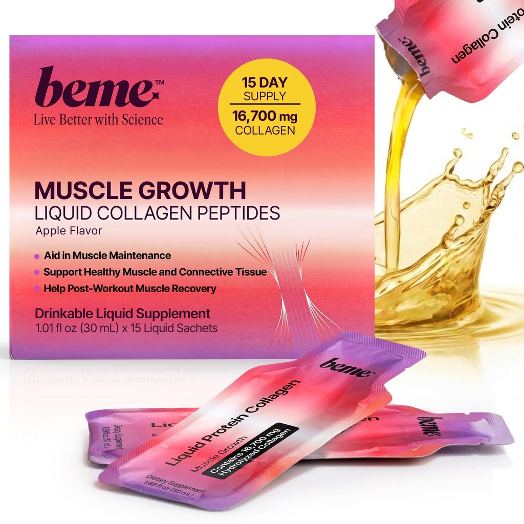 BeMe Liquid Collagen Peptides - Easy Protein Shots for Lean Muscle Support and Workout Recovery. 15g Whey Free Formula with 16.7g Hydrolyzed Collagen for Gym Performance. 15 Sachets, Apple Flavor