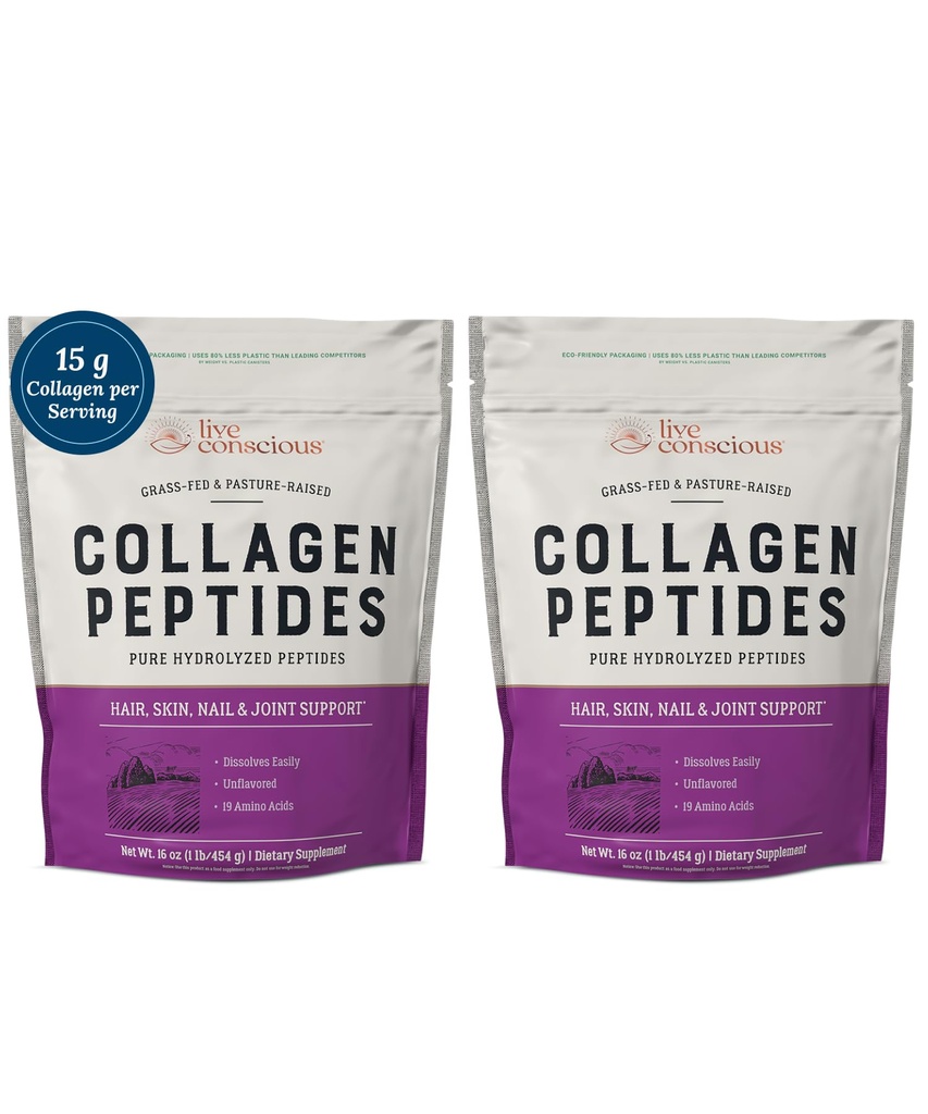 Live Conscious Collagen Peptides Powder - Hair, Skin, Nail och Joint Support - Typ I & III Collagen - Naturligt källad Hydrolyzed Protein - 16oz (2-Pack)