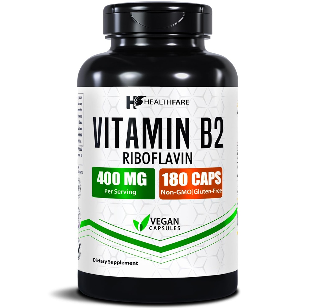 Healthfare Vitamin B2 Riboflavin 400mg | 180 Veg Capsules | Tillägg | Gluten-Free | Non-GMO
