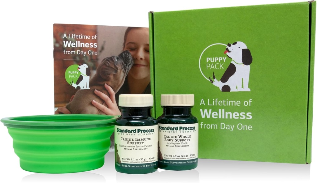 Standard Process Puppy Pack - Canine Immune & Whole-Body Support Powder Supplements - Puppy Support Kit med Canine Whole Body Support & Canine Immune System Support - Inkluderar Collapsible Water Bowl