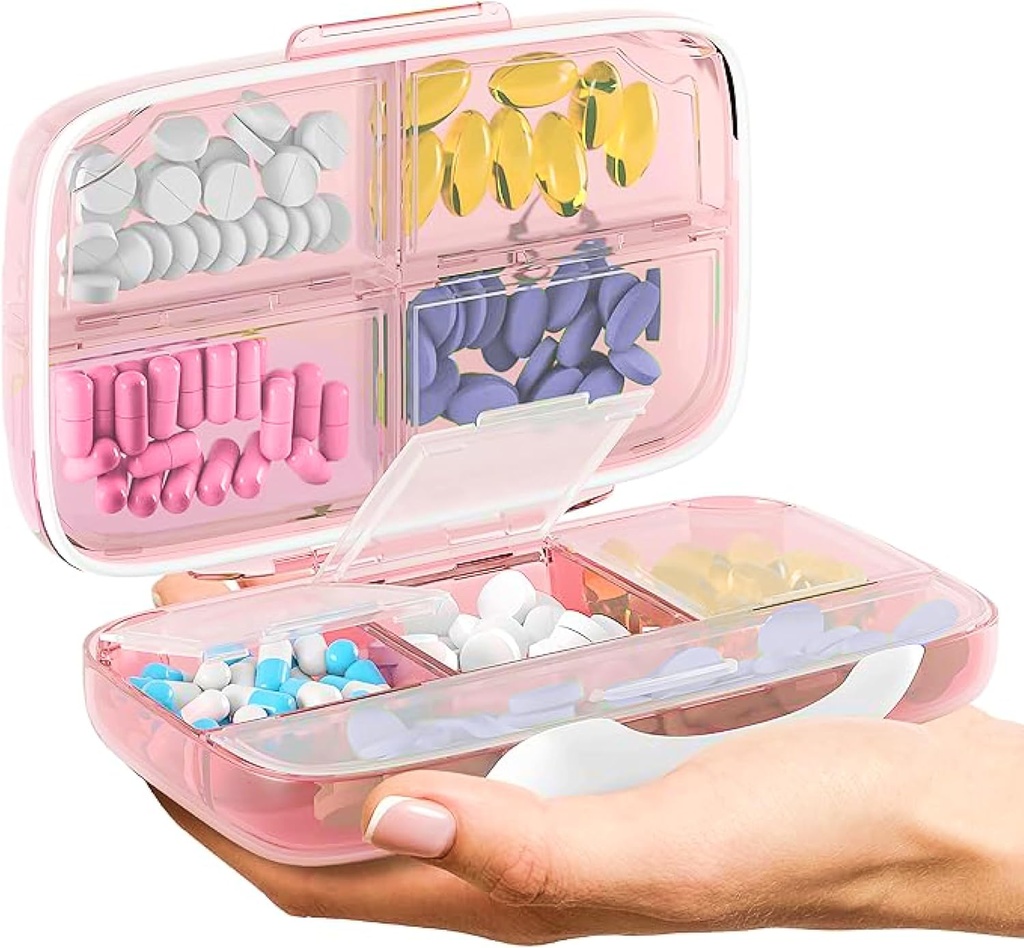 Travel Pill Organizer - Airtight Medicine Case for Traveling Portable Pharmacy Box med etiketter Vitamin Container 8 Compartment Supplement Medication Holder Large Capacity Daily (Pink)