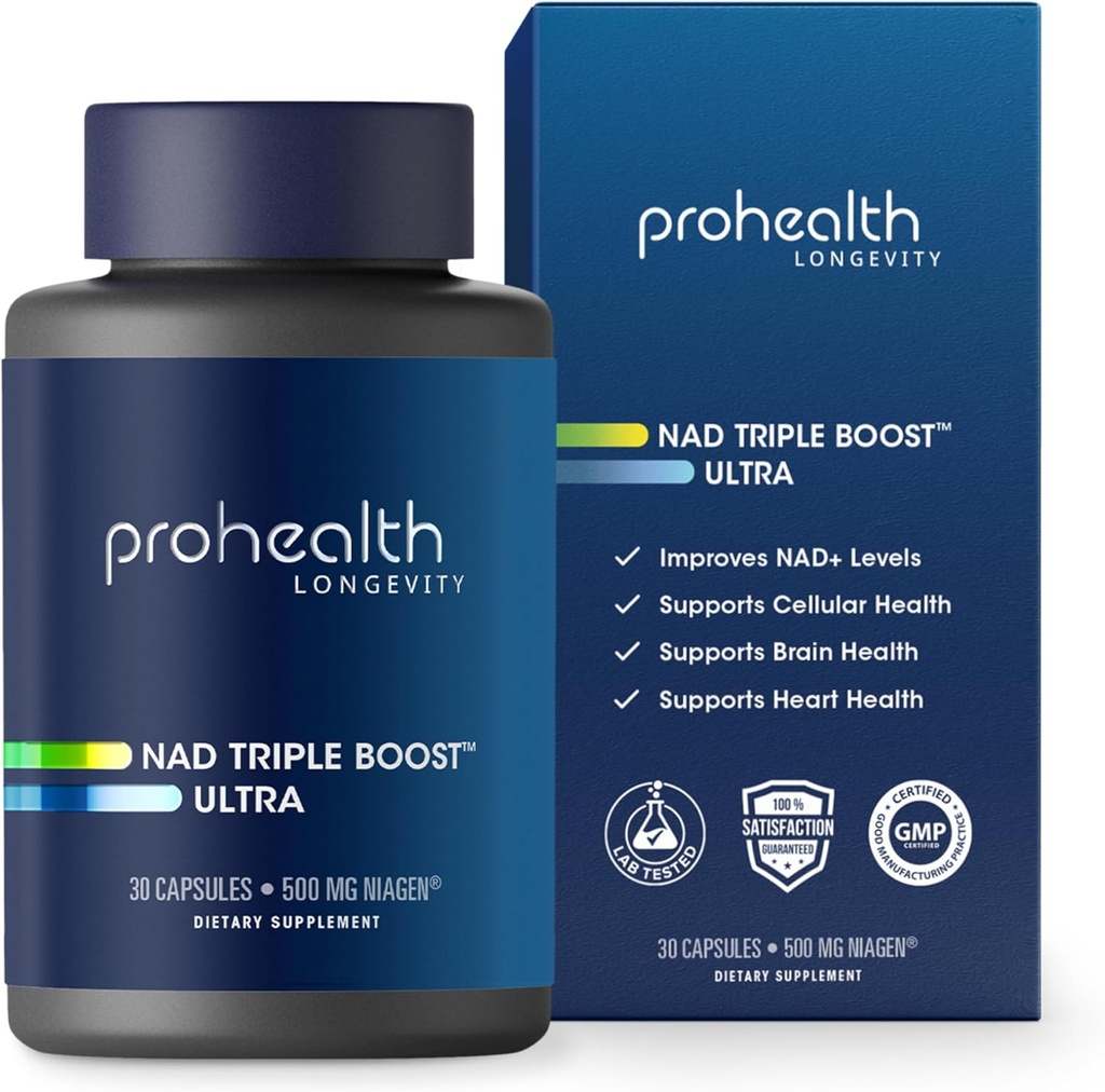 ProHealth NAD Triple Boost Ultra + 500mg Niagen NR. 3X NAD + Optimizer Plus Apigenin, PQQ, Quercetin. Främjar livslängd, hjärta och hjärnhälsa, aktiverar sirtuins för cellulär reparation (30 portioner)