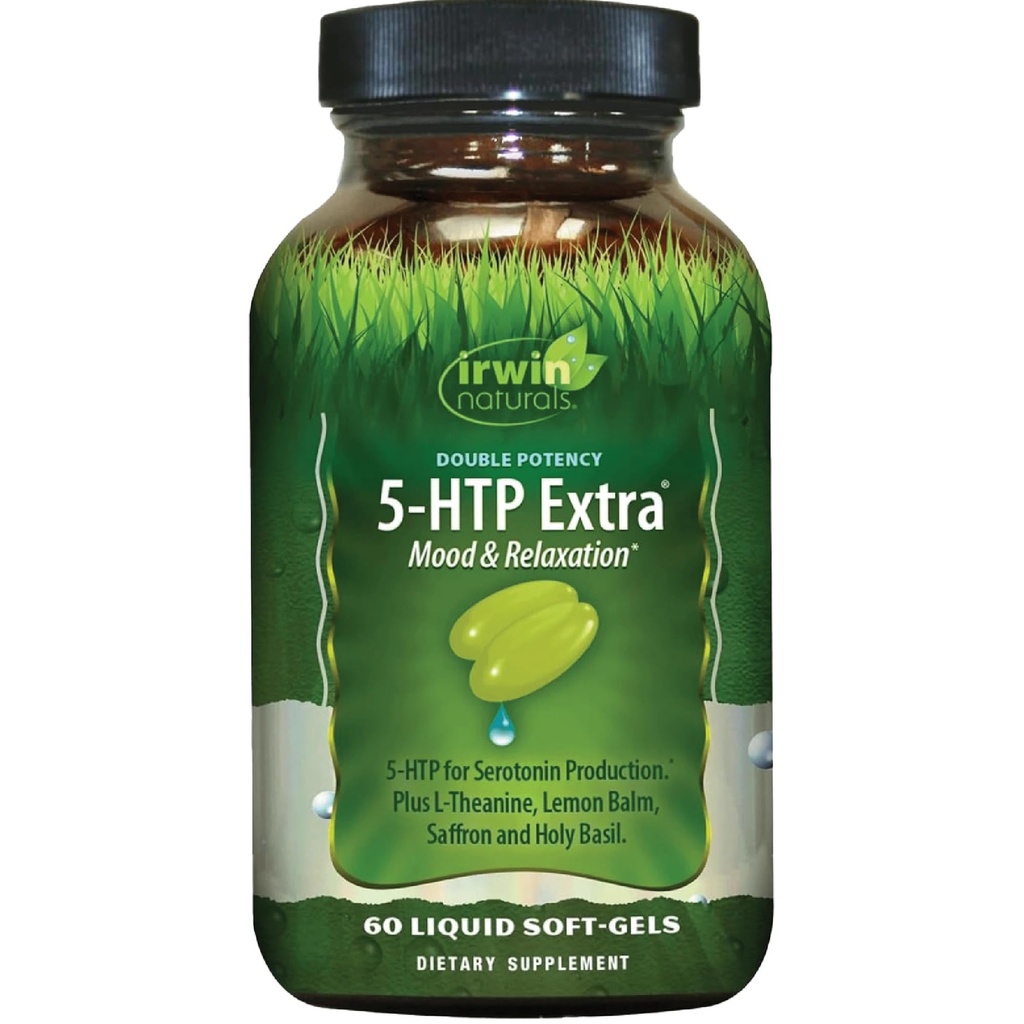 Irwin Naturals Double Potency 5-HTP Extra - 60 Liquid Soft-Gels - för avkoppling och serotoninproduktion - 30 portioner