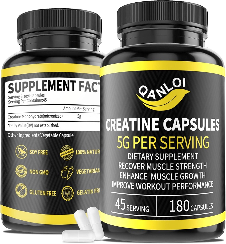 Micronized Kreatinmonohydratkapslar, 5 000 mg Per Servering, fördelaktigt för muskeltillväxt, energiökning, kreatinpiller som är lämpliga för manliga och kvinnor, icke-GMO, Gluten Free, 180 kapslar