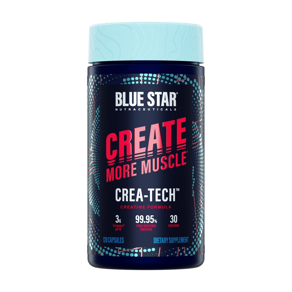 Blue Star Nutraceuticals CREA-TECH - Creapure Creatine Monohydrate - w/Electrolytes. Kreatin + Electrolytes kapslar - Bygg muskler och öka styrka | 30 dagars leverans - 120 Veggie kapslar