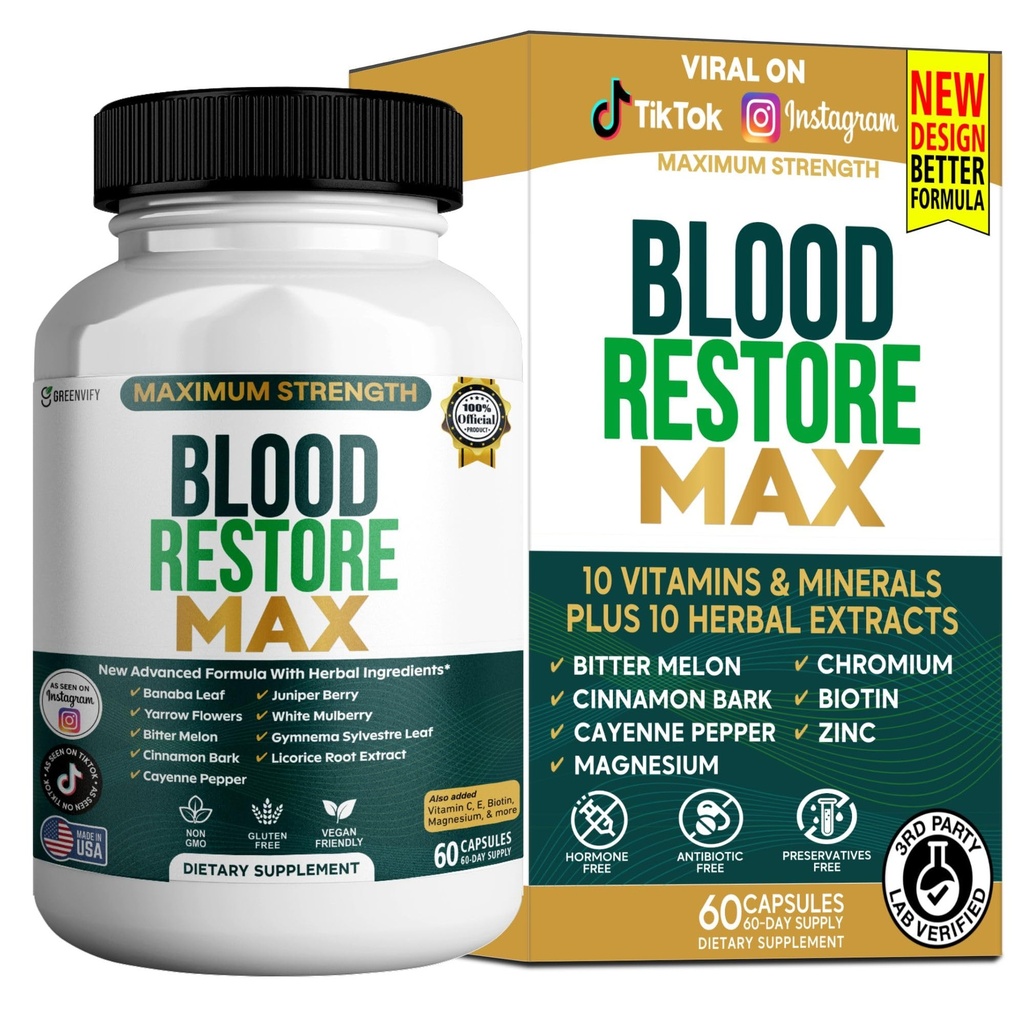 Blood Restore Max, Dietary Supplement, 60 Capsules, Herbal Formula with Banaba Leaf, Juniper Berry, Bitter Melon (1)