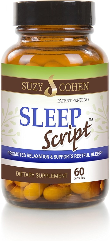 Suzy Cohen Sleep Script med Melatonin - Botanisk sömn och avkoppling Formel för vuxna för humör, stress och sömn, innehåller 5-HTP, L-theanin, Passionflower, Lemon Balm och GABA 60 kapslar.