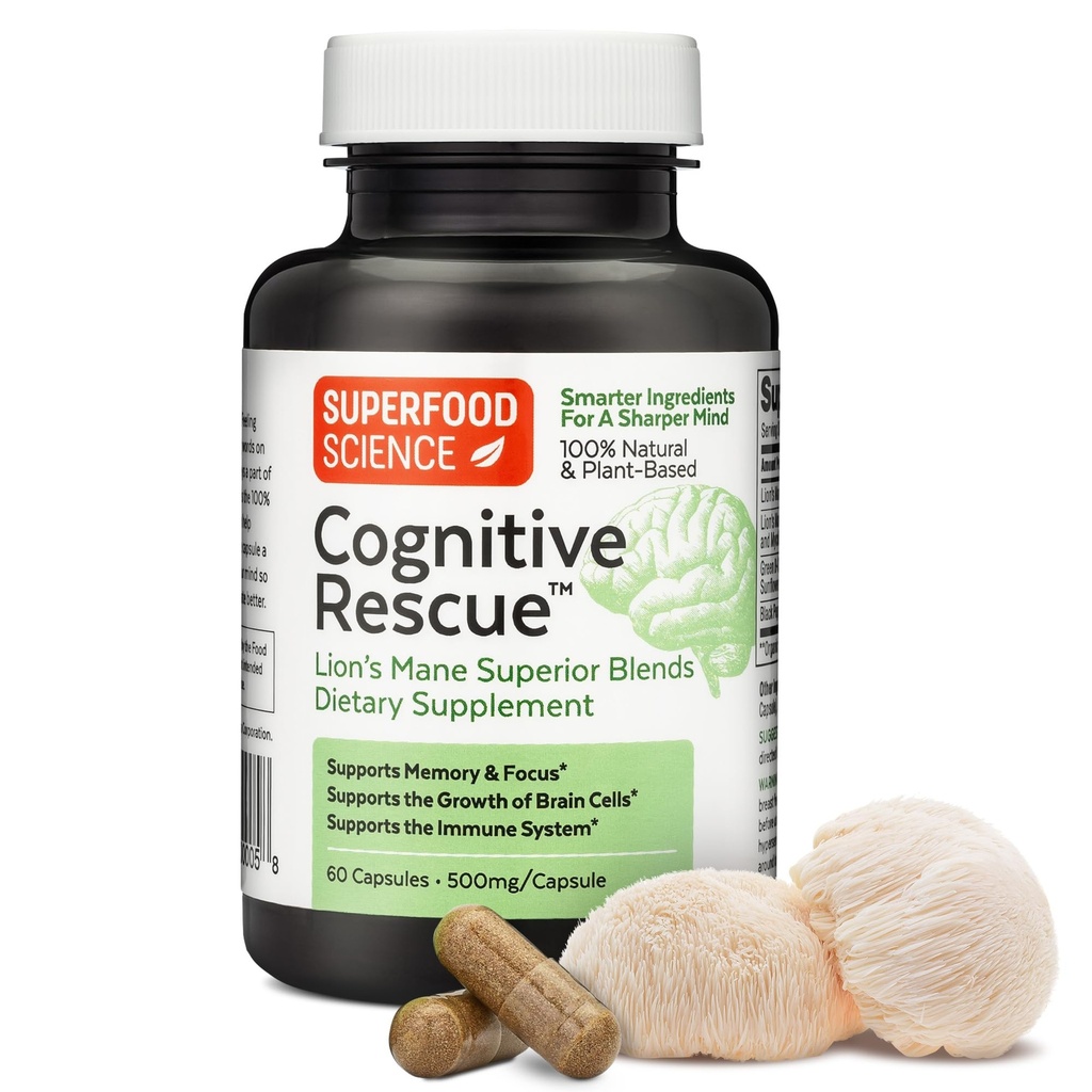 Cognitive Rescue, Lion's Mane Mushroom Capsules w / Lion's Mane Dual Extract, Nootropics, Brain Supplement för minne och fokus, Mushroom Immune Support w / B Vitamins Complex, BioPerine, 60 kapslar